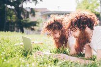 Молодые близнецы-хипстеры с рыжими волосами и бородами лежат в парке, просматривая ноутбук — стоковое фото