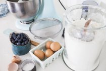 Харчовий мікшер, чорниця і коробка з яєць на кухонній лічильнику — стокове фото