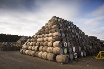 Pilhas de barris de madeira sob céu nublado — Fotografia de Stock