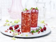 Two glasses of port punch with ice, fresh raspberries and pomegranate — Stock Photo