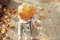 High angle view of girl holding autumn leaf in front of face — Stock Photo