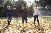 Três meninos brincando ao ar livre, em folhas de outono — Fotografia de Stock