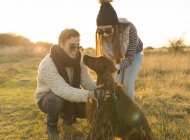 Young couple playing with dog in field — Stock Photo