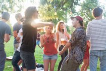 Amigos adultos dançando na festa do parque ao pôr do sol — Fotografia de Stock