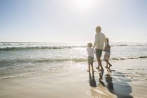 Vista trasera de padre e hijos en la playa mirando hacia otro lado a la vista - foto de stock