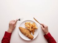 Vista superior de mãos por prato de peixe e batata frita — Fotografia de Stock