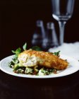 Хлебная рыба с салатом на белой тарелке — стоковое фото