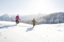 Vue arrière d'un couple de personnes âgées utilisant des perches de marche sur un paysage enneigé, Sattelbergalm, Tyrol, Autriche — Photo de stock