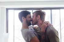 Мужская пара дома, валяет дурака, целуется и смеется — стоковое фото