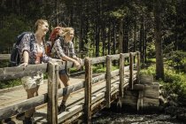 Teenager-Mädchen und junge Wanderin mit Blick auf den Fluss Fußgängerbrücke, rote Lodge, Montana, USA — Stockfoto