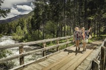 Ragazza adolescente e giovane escursionista femminile che indica dal ponte pedonale del fiume, Red Lodge, Montana, Stati Uniti d'America — Foto stock