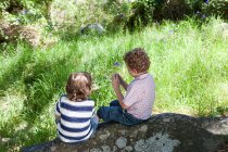 Dos chicos sentados en una roca - foto de stock