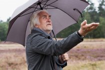Hombre mayor bajo paraguas buscando lluvia - foto de stock