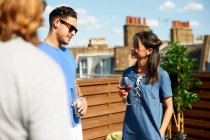 Amici maschi e femmine che chiacchierano e bevono alla festa sul tetto — Foto stock