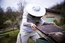 Female beekeeper removing apiary lid in garden — Stock Photo