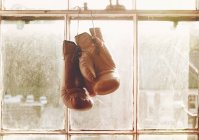 Gants de boxe suspendus à la fenêtre — Photo de stock