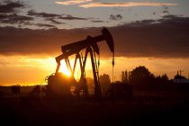 Poços de petróleo ao pôr do sol — Fotografia de Stock