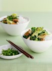 Bowls of rice with broccolini — Stock Photo
