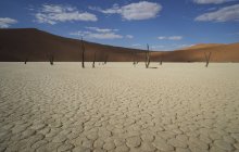 Rissige Tonpfanne mit weit entfernten abgestorbenen Bäumen und Sanddünen, deaddvlei, sossusvlei Nationalpark, namibia — Stockfoto