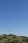 Turbinas eólicas no campo sob o céu azul — Fotografia de Stock