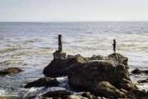 Зрелый человек, стоящий на скалах по морю, глядя на вид — стоковое фото