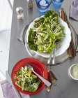 Тарелка со свежим салатом и багетом — стоковое фото