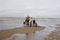 Mitte erwachsene Eltern mit Sohn, Tochter und Hund spazieren am Strand, bloemendaal aan zee, Niederlande — Stockfoto