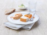 Лохмурский лосось и креветки на белой тарелке — стоковое фото