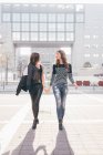Twin sisters, walking outdoors, holding hands — Stock Photo