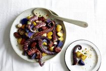 Bowl of octopus tentacles and potatoes with spoon on table — Stock Photo