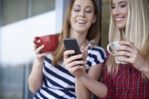 Дві подружки, п'ють каву, на відкритому повітрі, дивляться на смартфон — стокове фото