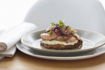 Миска лосося на картофельном роэсти с гарниром из трав — стоковое фото