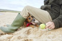 Hombre y perro de compañía sentado en la playa, Constantine Bay, Cornwall, Reino Unido - foto de stock