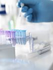 Scientifique préparant un prélèvement d'ADN pour analyse en laboratoire à des fins médico-légales — Photo de stock