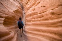 Escursionista esplorando formazioni rocciose — Foto stock