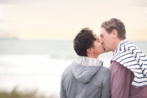 Gay pareja besos en playa - foto de stock