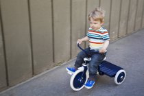 Male toddler playing on tricycle in garden — Stock Photo