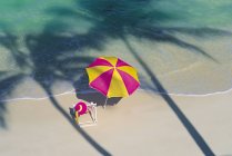 Deckchair and parasol on seashore with palm shadows — Stock Photo