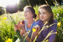 Sisters sitting in field eating apples — Stock Photo