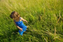 Ein Mädchen geht durch ein Feld aus langem Gras — Stockfoto