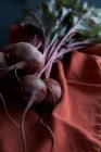 Bunch of fresh harvested beetroots on red tablecloth — Stock Photo