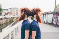 Portrait of young male hipster twins with red hair and beards back to back on bridge — Stock Photo