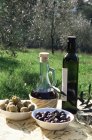 Aceite de oliva y aceitunas en la mesa en el jardín - foto de stock