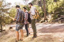 Quattro amici escursionisti maschi pianificazione con mappa nella foresta, Deer Park, Città del Capo, Sud Africa — Foto stock