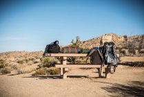 Zaini e bagagli in panchina sotto il cielo blu — Foto stock