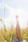 Junge Frauen entblößten Beinen in Feld von langem Gras — Stockfoto