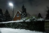 Neve coberto arbusto e casa — Fotografia de Stock