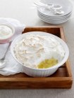 Dish of baked meringue and fruit — Stock Photo