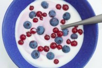 Close-up de mirtilos em iogurte e colher — Fotografia de Stock