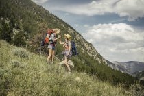 Ragazza adolescente e giovane escursionista che stringono la mano sul fianco della montagna, Red Lodge, Montana, Stati Uniti d'America — Foto stock
